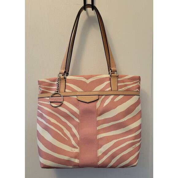 Coach Zebra Stripe Tote Shoulder Bag L1380-F23283 Pink Tan - Picture 1 of 16